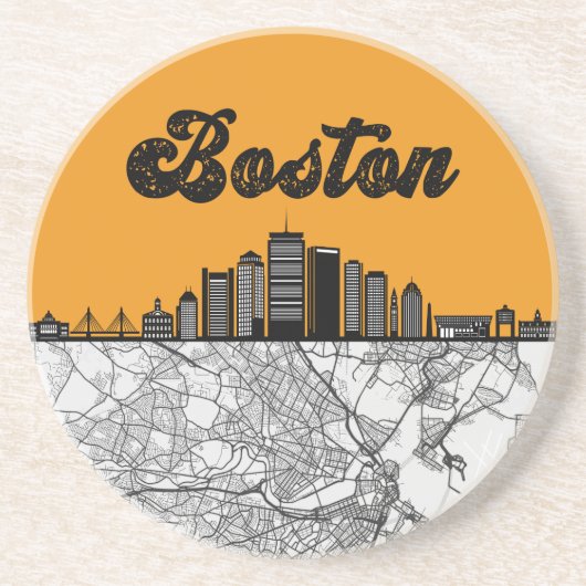 Boston Massachusetts City Skyline met Map Zandsteen Onderzetter (Voorkant)