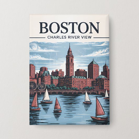  Boston Massachusetts Cityscape & Zeilboten Button (Voorkant)