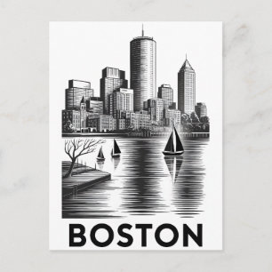 Boston Massachusetts Silhouette Zwart Wit Houtsned Briefkaart
