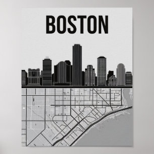 Boston Massachusetts Stadssilhouet Met Kaart Poster