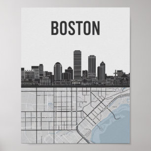 Boston Massachusetts Stadssilhouet Met Kaart Poster