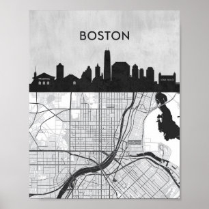 Boston Massachusetts Stadssilhouet Met Kaart Poster