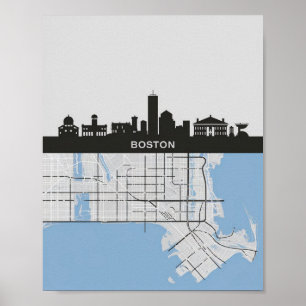 Boston Massachusetts Stadssilhouet Met Kaart Poster