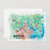 Boston Massachusetts USA Illustrated Map Briefkaart (Voorkant / Achterkant)