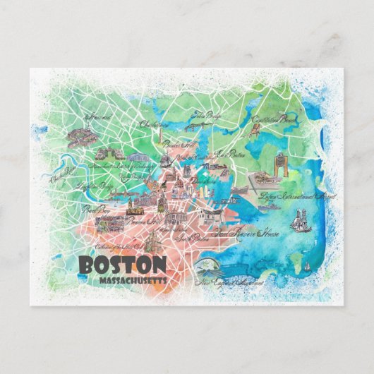 Boston Massachusetts USA Illustrated Map Briefkaart (Voorkant)