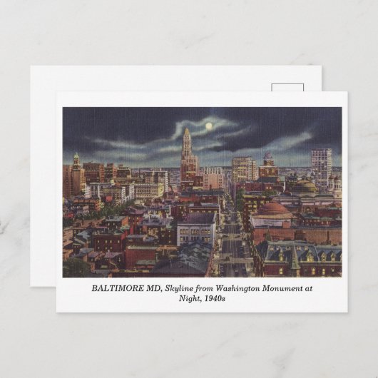 Boston MD Skyline at Night 1940 carte postale vint (Devant / Derrière)