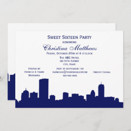 Boston Navy Skyline Silhouette Sweet 16 Party Kaart