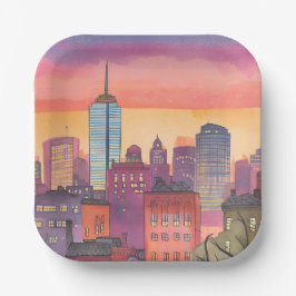 Boston North End Watercolor MA Cityscape Papieren Bordje