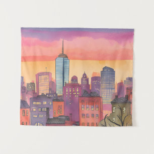Boston North End Watercolor MA Stadsgezicht Wandkleed