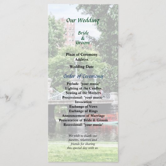 Boston Public Garden Bridge Wedding Program Programma (Voorkant)