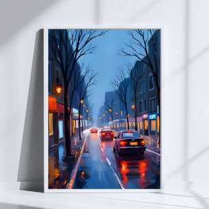 Boston Regen   Straat in het stadscentrum Massachu Poster