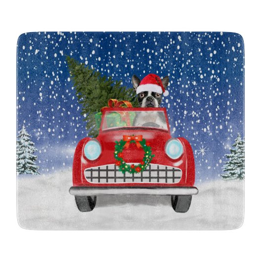 Boston shier Dog rijdt met sneeuwkerst Snijplank (Voorkant)