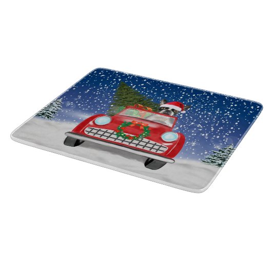 Boston shier Dog rijdt met sneeuwkerst Snijplank (Hoek)