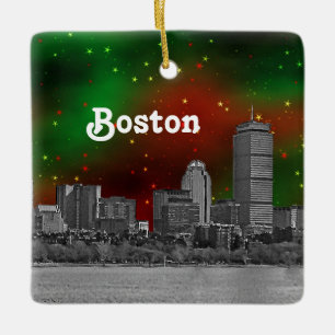 Boston Silhouette Gegraveerd Groen Rode Sterrenhem Keramisch Ornament