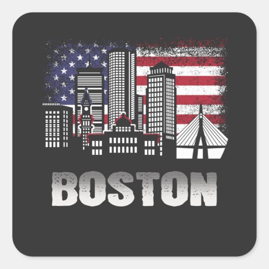 Boston Skyline American Flag Vierkante Sticker (Voorkant)