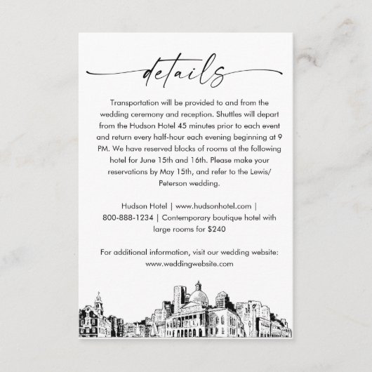 Boston Skyline bruiloft details Kaart, 3.5x5 Informatiekaartje (Voorkant)