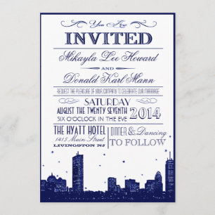 Boston Skyline Dark Blue sur invitation blanche