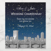 Boston Skyline Etched Starry Blue Gradient BG Wijn Etiket (Enkel label)