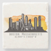 Boston Skyline Latitude en Longitude Stenen Onderzetter (Voorkant)