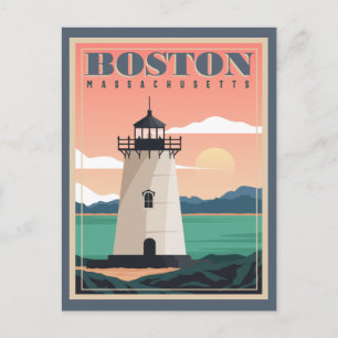 Boston Skyline & Lighthouse Massachusetten Briefkaart