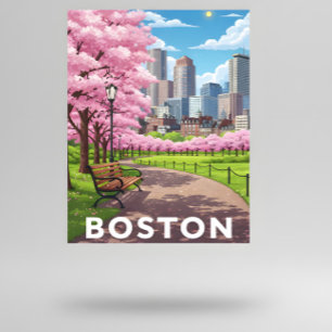 Boston skyline onder bloeiende kersenbloesems briefkaart