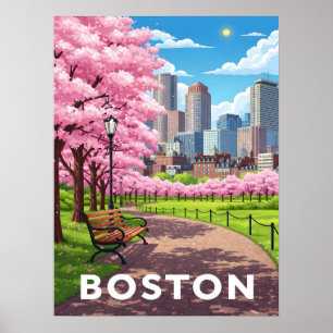Boston skyline onder bloeiende kersenbloesems poster