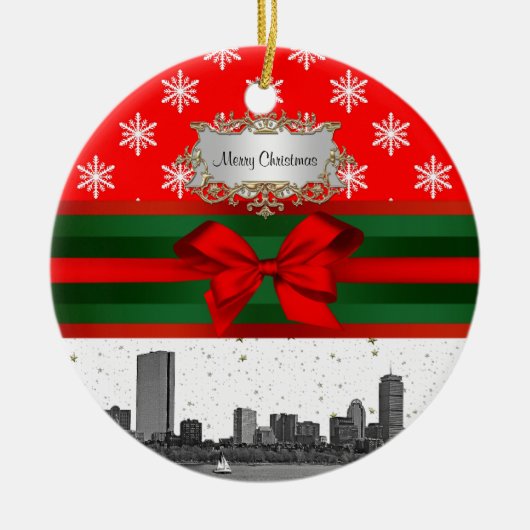 Boston Skyline Red Snowflake Kerstmis Keramisch Ornament (Voorkant)