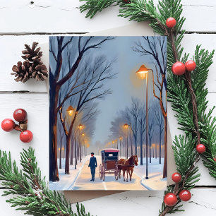 Boston Sneeuwval Vintage Waterverf Feestdagenkaart