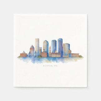 Boston Stadssilhouet Aquarel | Modern Boston MA Servet