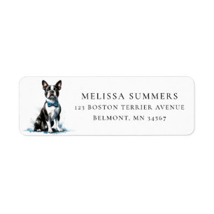 Boston Terrier Blue Bow Stropdas Retouradreslabel Etiket