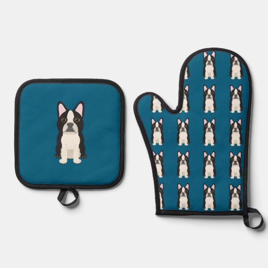 Boston Terrier blue Ovenwant & Pannenlap Set (Voorkant)