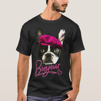Boston Terrier Bonjour Pink Heart French T-shirt