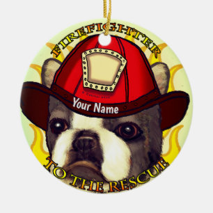 Boston Terrier Brandweerman Keramisch Ornament