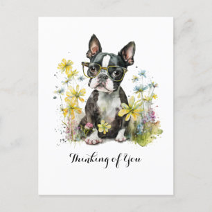 Boston Terrier Bril Bloemen Denken aan jou Briefkaart