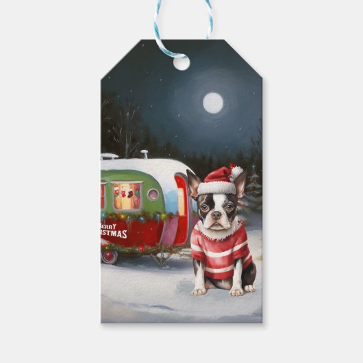 Boston Terrier Caravan Kerstavontuur Cadeaulabel (Voorkant)
