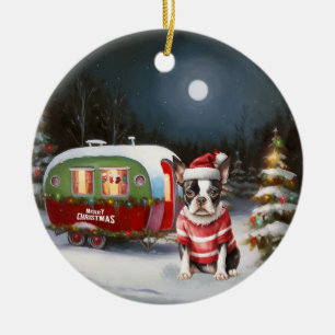 Boston Terrier Caravan Kerstavontuur Keramisch Ornament