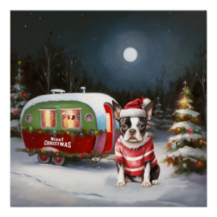 Boston Terrier Caravan Kerstavontuur Perfect Poster