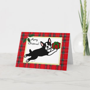 Boston Terrier Cartoon Tartan Christmas Kaarten