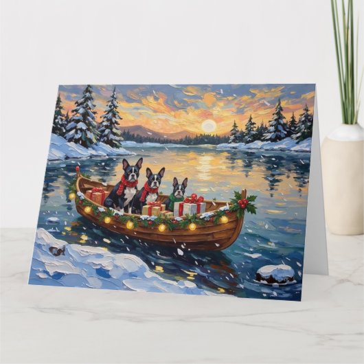 Boston Terrier Christmas Boat Holiday Kaart (Voorkant)