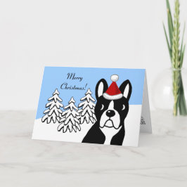 Boston Terrier Christmas Cartoon Snow Bossen Feestdagen Kaart