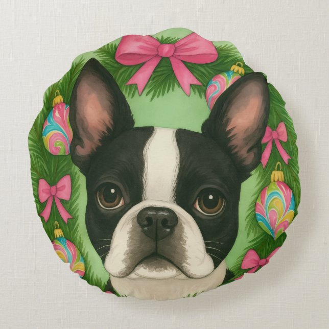 Boston Terrier Christmas Pillow Rond Kussen (Achterkant)