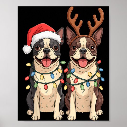 Boston Terrier Christmas Santa Hat Reindeer Lights Poster (Voorkant)