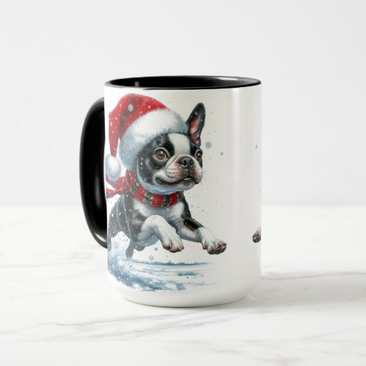 Boston Terrier Christmas Snow Mok (Voorkant links)