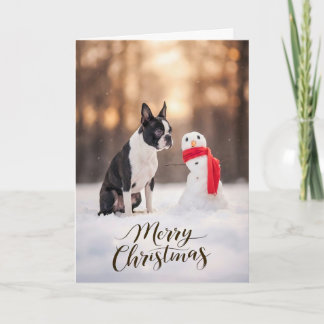 Boston Terrier Christmas Snowman Feestdagen Kaart