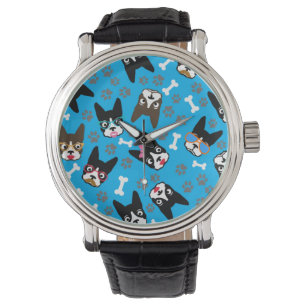 Boston Terrier Cute Mustache Funny Faces Horloge