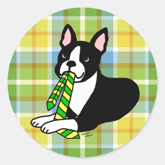 Boston Terrier Daddy 1 Plaid Ronde Sticker (Voorkant)