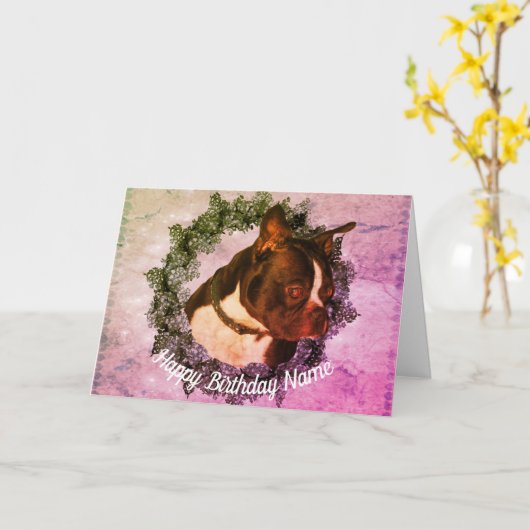 Boston Terrier Dog Art - Aangepaste Birthday Kaart (Gele Bloem)