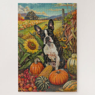 Boston Terrier Dog Autumn Harvest Thanksgiving Legpuzzel