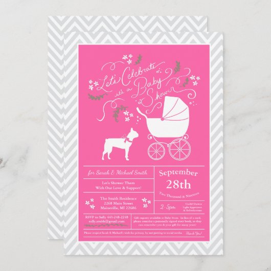 Boston Terrier Dog Baby shower Pink Girl Kaart (Voorkant / Achterkant)