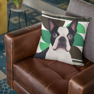 Boston Terrier Dog - Donkergroen geometrisch Kussen